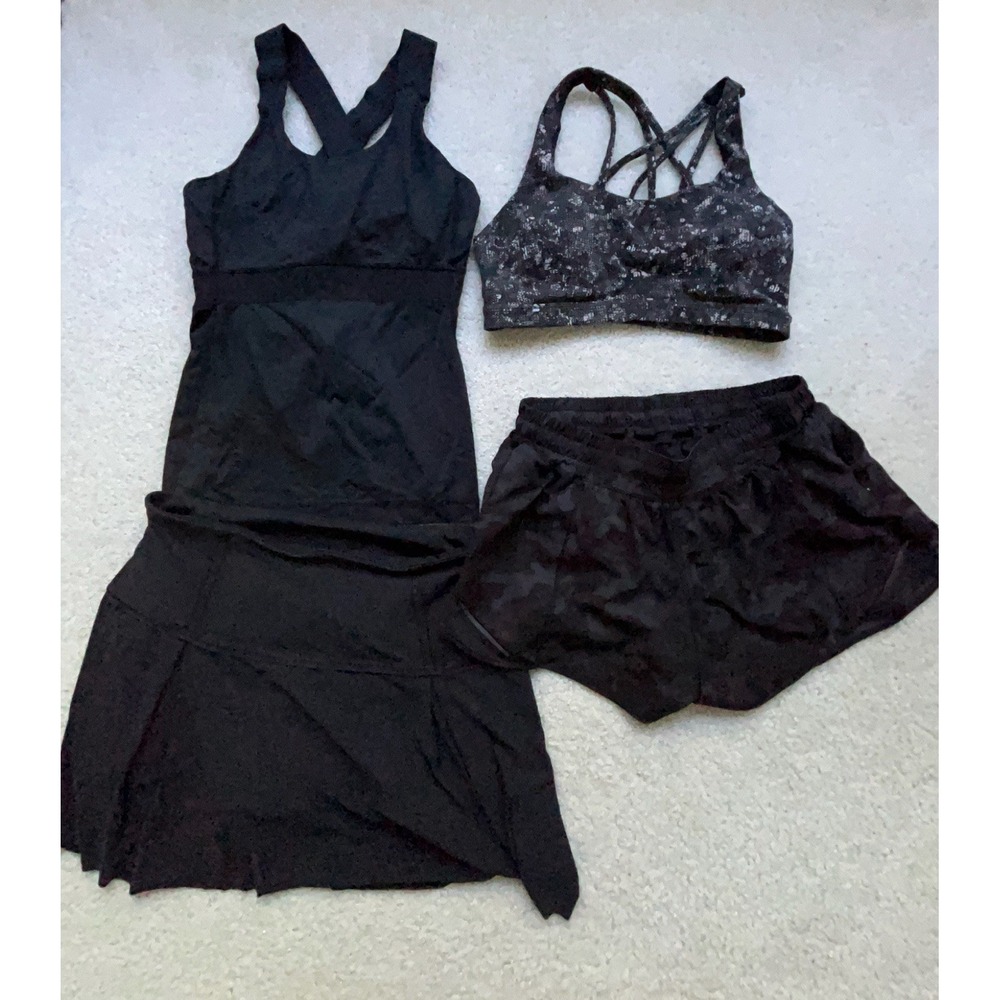 4PC Lululemon Activewear Lot Size 8 -Black Tank Camo Bra, Skirt, Hotty Hot Short